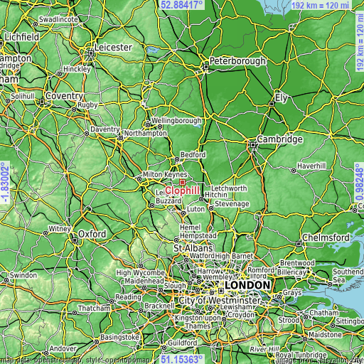 Topographic map of Clophill