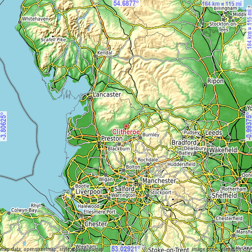 Topographic map of Clitheroe