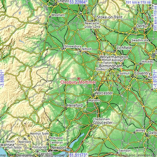 Topographic map of Cleobury Mortimer