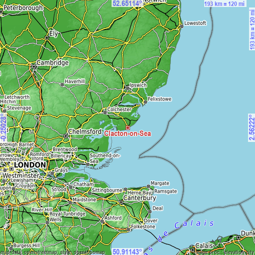 Topographic map of Clacton-on-Sea