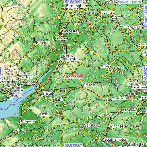 Topographic map of Cirencester