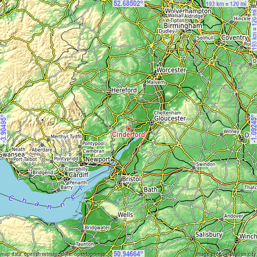 Topographic map of Cinderford