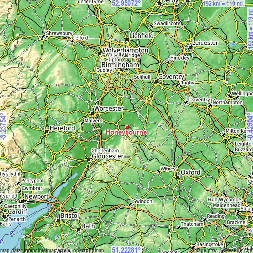 Topographic map of Honeybourne