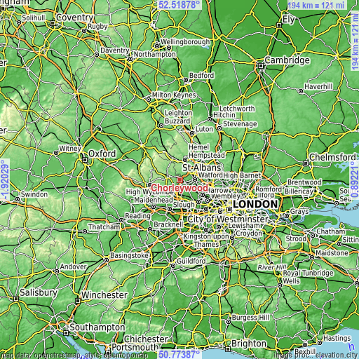 Topographic map of Chorleywood