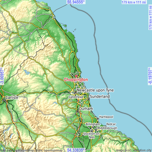 Topographic map of Choppington