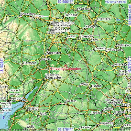 Topographic map of Chipping Campden