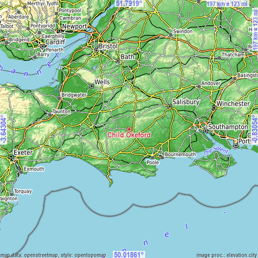 Topographic map of Child Okeford