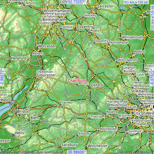 Topographic map of Charlbury