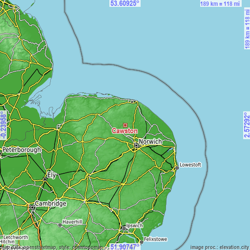 Topographic map of Cawston