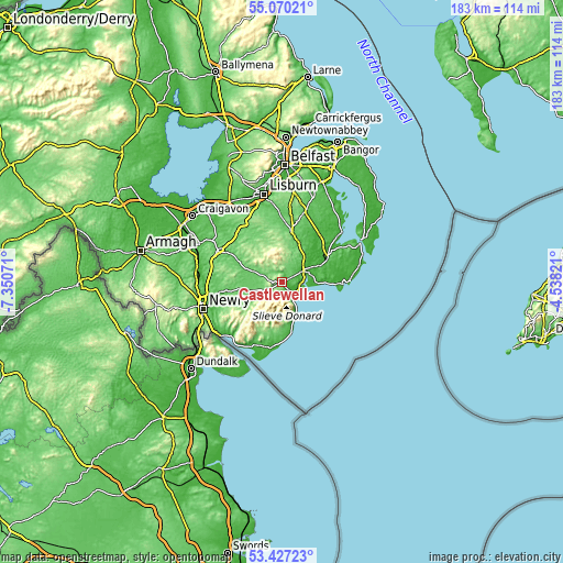 Topographic map of Castlewellan