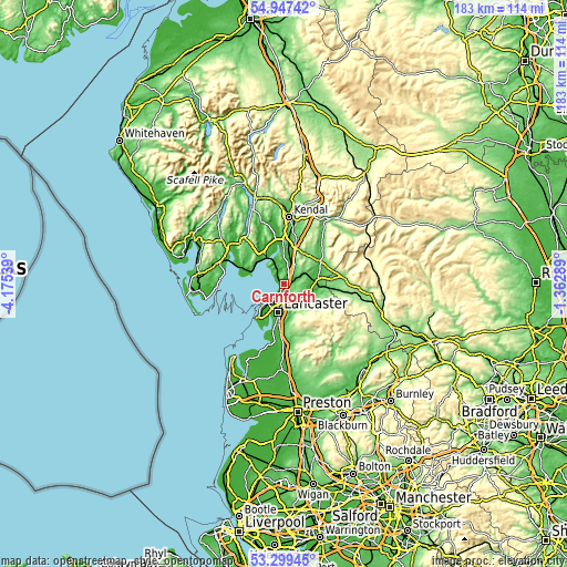 Topographic map of Carnforth