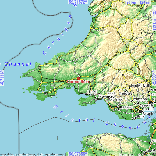 Topographic map of Carmarthen