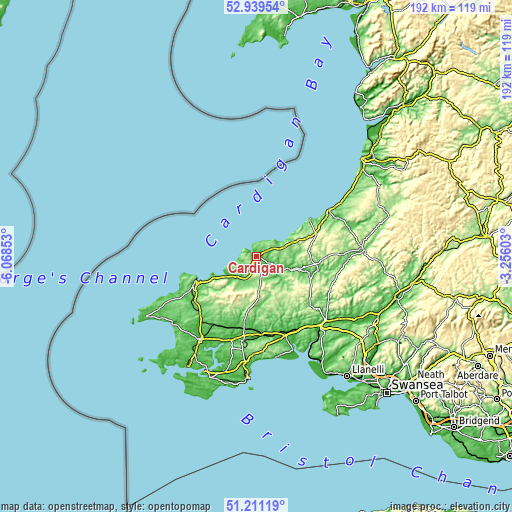 Topographic map of Cardigan