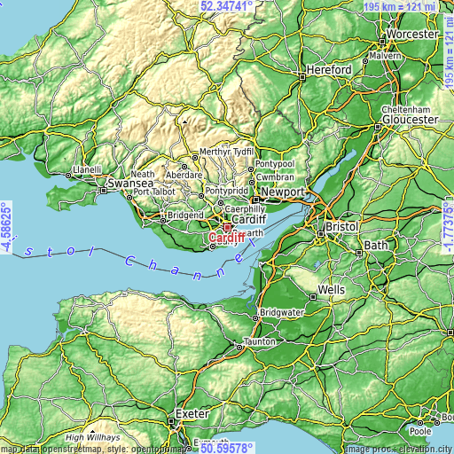 Topographic map of Cardiff