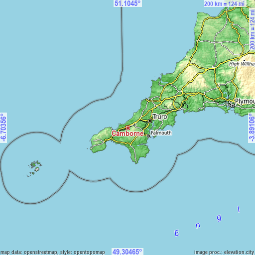 Topographic map of Camborne