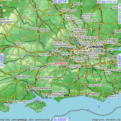 Topographic map of Camberley
