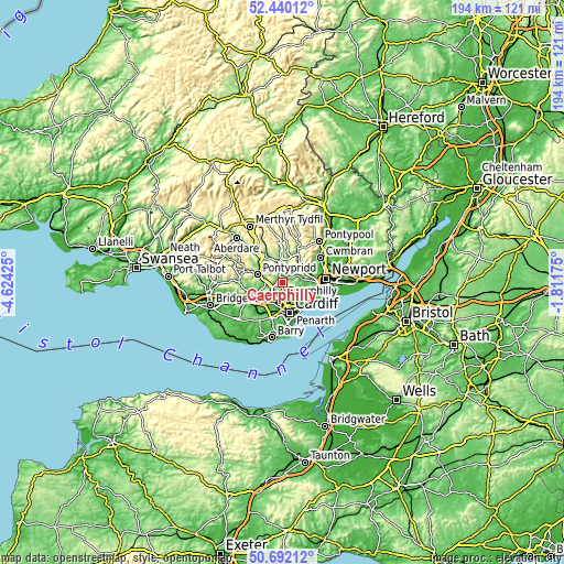 Topographic map of Caerphilly