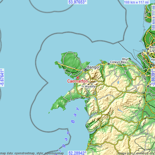 Topographic map of Caernarfon