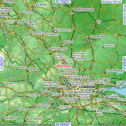 Topographic map of Caddington