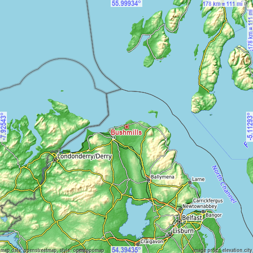 Topographic map of Bushmills