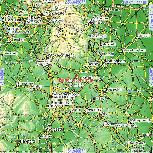 Topographic map of Burton upon Trent