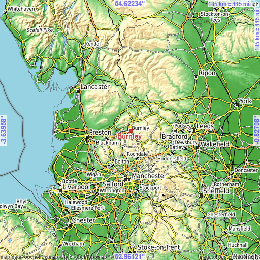 Topographic map of Burnley
