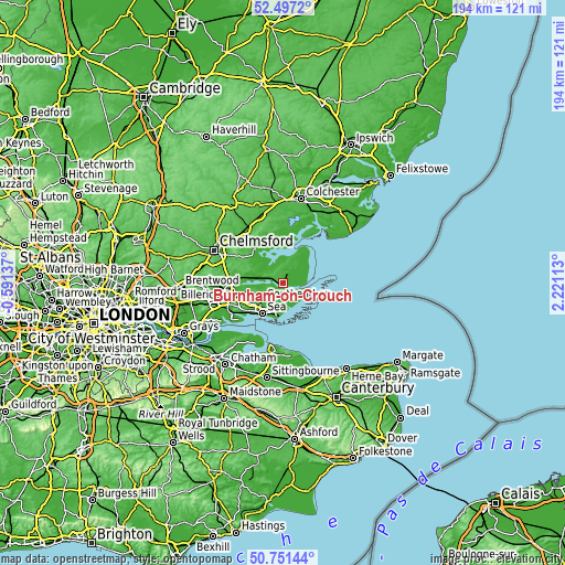 Topographic map of Burnham-on-Crouch
