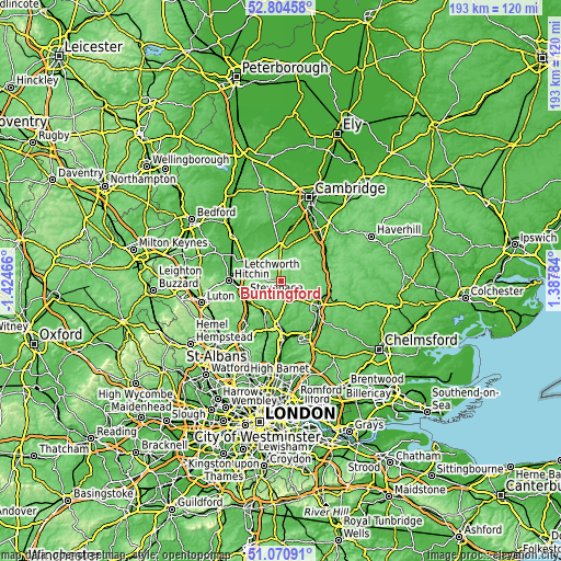 Topographic map of Buntingford