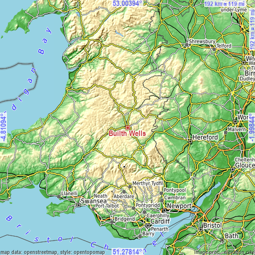 Topographic map of Builth Wells