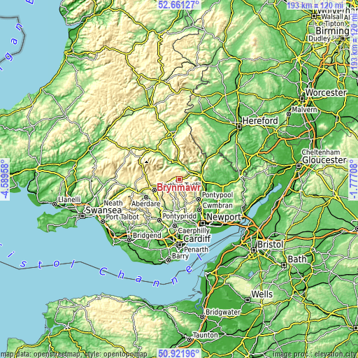 Topographic map of Brynmawr