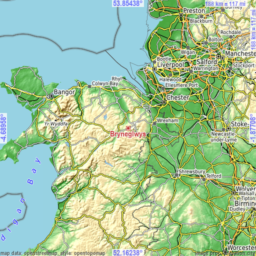 Topographic map of Bryneglwys