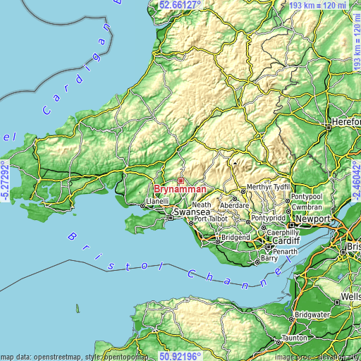 Topographic map of Brynamman