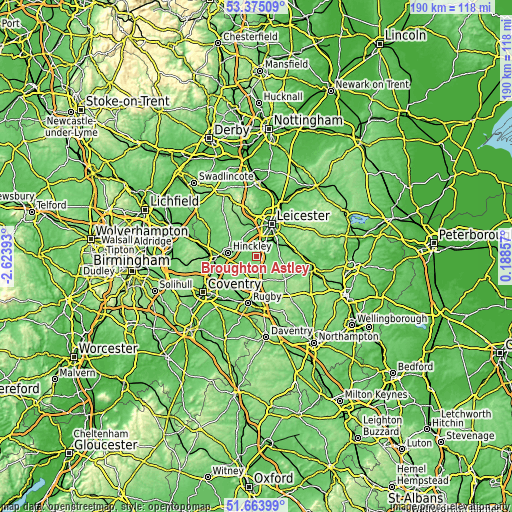Topographic map of Broughton Astley