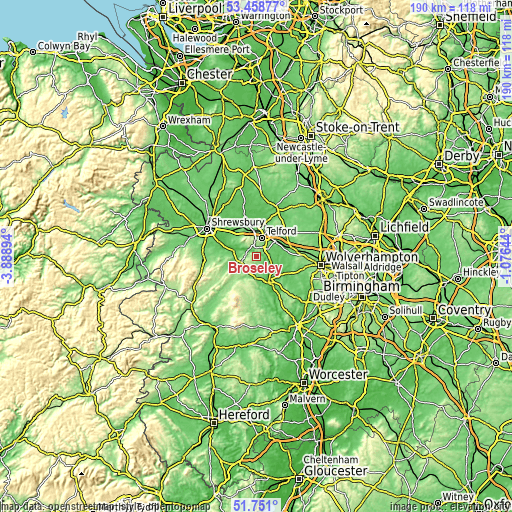 Topographic map of Broseley