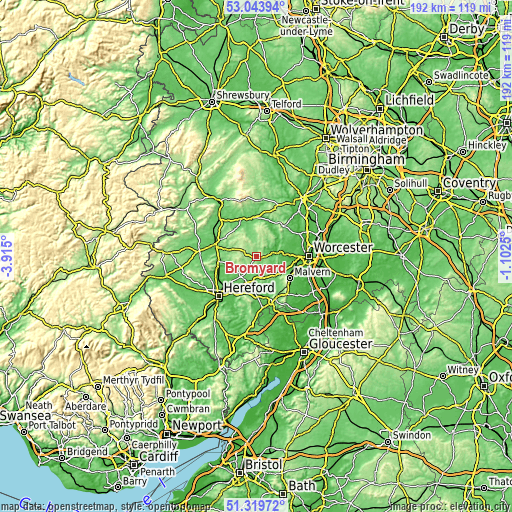 Topographic map of Bromyard