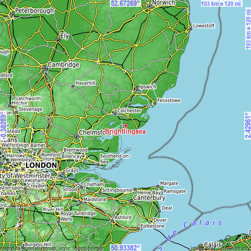 Topographic map of Brightlingsea