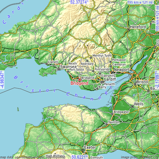 Topographic map of Bridgend