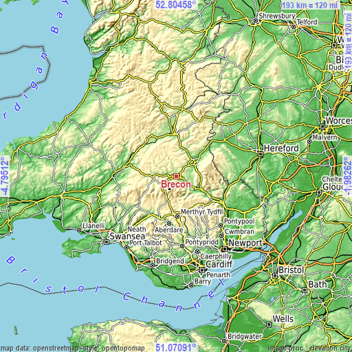 Topographic map of Brecon