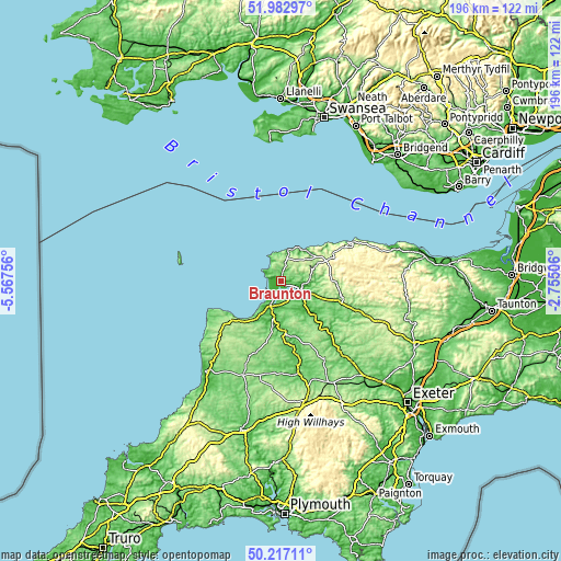 Topographic map of Braunton