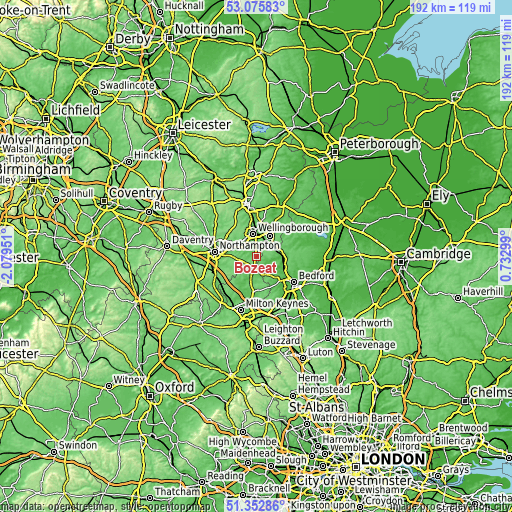 Topographic map of Bozeat