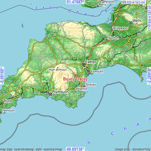 Topographic map of Bovey Tracey