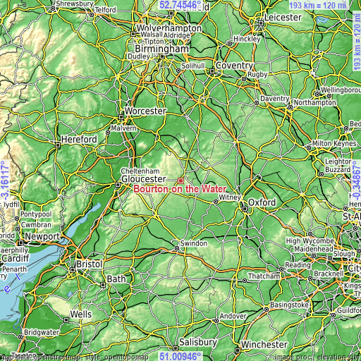 Topographic map of Bourton on the Water