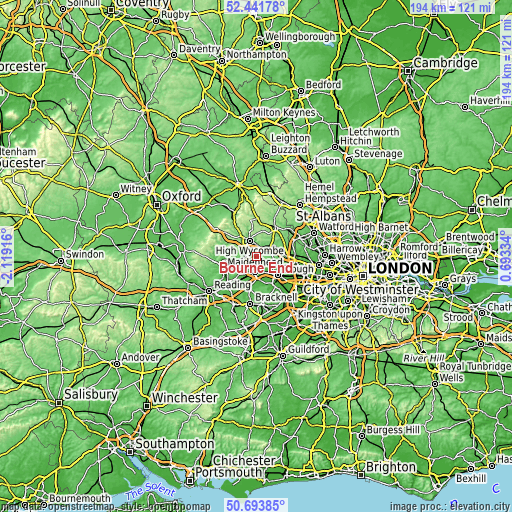 Topographic map of Bourne End