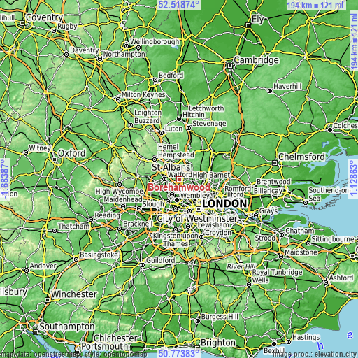 Topographic map of Borehamwood