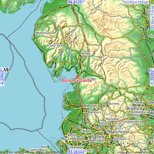 Topographic map of Bolton le Sands