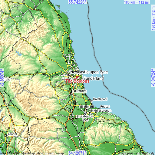 Topographic map of The Boldons