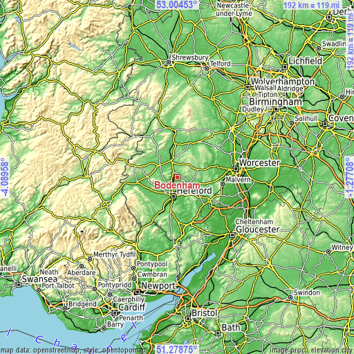 Topographic map of Bodenham