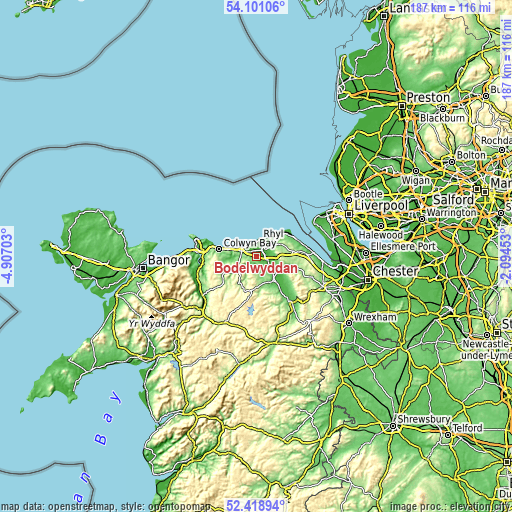 Topographic map of Bodelwyddan