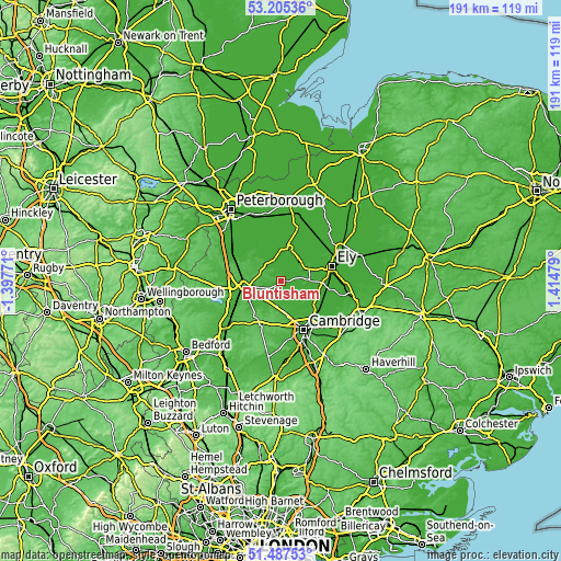 Topographic map of Bluntisham