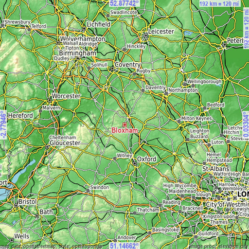 Topographic map of Bloxham